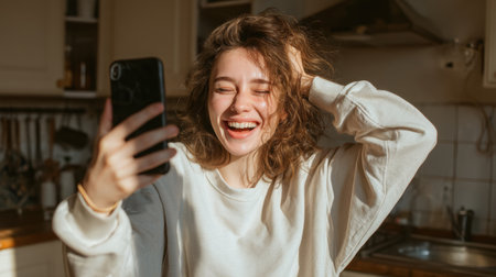 A joyful young woman is engaged in a video call in her cozy kitchen, exuding happiness as she smiles and laughs while holding her smartphone, capturing a lighthearted moment.の素材
