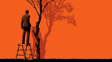 A creative illustration shows a person in a suit standing on a ladder, painting a shadowed tree on a vibrant orange wall, symbolizing growth and artistic vision.の素材