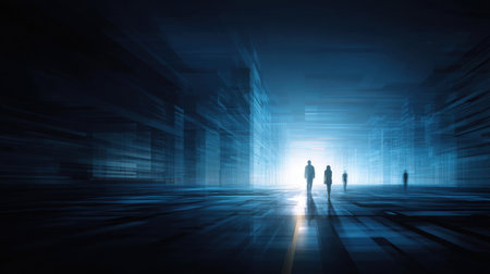 A captivating image depicting shadows of silhouettes moving towards a bright light in a dim urban setting. The atmospheric scene evokes mystery and exploration.の素材