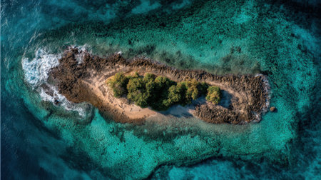 A breathtaking aerial view captures a small tropical island embraced by vibrant turquoise waters and rich coral reefs, showcasing the untouched beauty of nature.の素材