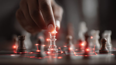 A close-up view of a hand moving a chess piece on a digital board with glowing connection lines, representing strategy and intelligence in a competitive gaming environment.の素材