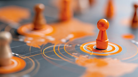 This image showcases orange game pieces strategically positioned on a map, symbolizing competition and strategy in business and gaming contexts.の素材