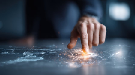 A close-up view of a hand reaching out to interact with a glowing, futuristic display, symbolizing the connection between humans and advanced technology in a modern workspace.の素材