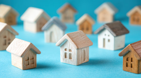This stock image features a charming arrangement of miniature wooden houses on a vibrant blue background, symbolizing home ownership and community spirit.の素材