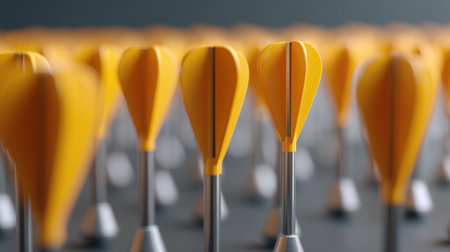 Explore a striking arrangement of yellow dart flights on a dark surface, symbolizing precision and focus in games and sports. Ideal for promotion and marketing.の素材