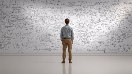 A man stands before a wall filled with intricate mathematical equations in a modern space, symbolizing intellectual curiosity and the pursuit of knowledge.の素材