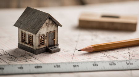 A miniature wooden house sits on an architectural blueprint, alongside a pencil and ruler, symbolizing creativity in home design and construction planning processes.の素材