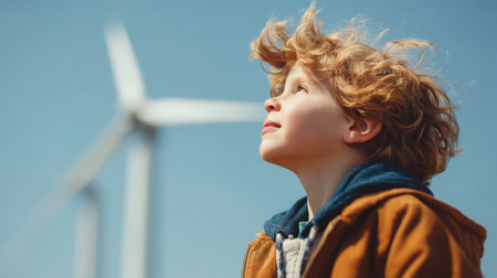 A young boy with curly hair looks up with wonder at wind turbines in the background, capturing the essence of hope and curiosity for sustainable energy and nature.の素材