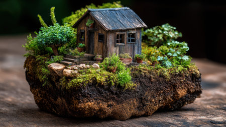 This captivating miniature house rests on a rocky island, surrounded by vibrant greenery and detailed plants, offering a glimpse into a serene, handcrafted world of nature.の素材