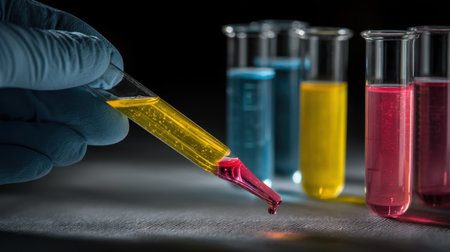 A close-up view of a gloved hand holding a pipette filled with colorful liquid, poised to drop into test tubes. The scene conveys a high-tech laboratory atmosphere.の素材