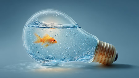 A goldfish swims gracefully inside a transparent light bulb filled with water, illustrating a playful blend of creativity and imagination in a surreal art form.の素材