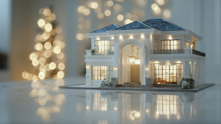 A beautifully crafted miniature house model illuminated by soft decorative lights, set against a blurred bokeh background, perfect for holiday themes and cozy interiors.の素材
