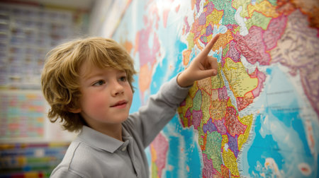 A young boy actively engages in a classroom geography lesson, pointing at a colorful world map, showcasing curiosity and enthusiasm for learning and exploration.の素材