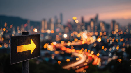 A captivating night scene featuring a illuminated arrow sign directing to the right, amidst a vibrant city skyline with beautiful bokeh lights creating a dreamy effect.の素材