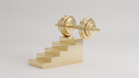 A shiny gold dumbbell rests on a stylized staircase, representing the journey of fitness and strength training. Ideal for articles on health and motivation.の素材