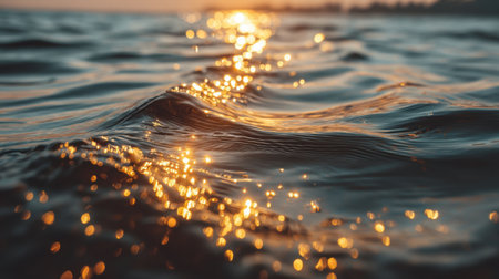 Experience the calming beauty of ocean waves illuminated by golden sunlight during sunset, creating a mesmerizing and tranquil water surface filled with shimmering reflections.の素材