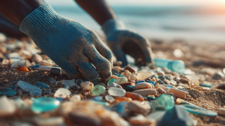 A serene scene of hands picking colorful glass pebbles from the beach, capturing the essence of nature, conservation, and the beauty of a sunset by the ocean.の素材