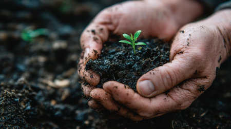 Close-up of hands cradling rich soil with a small green seedling sprouting upward, representing the beauty of growth, nurturing, and sustainable practices in agriculture.の素材