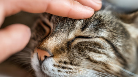 A serene moment captures a hand gently petting a content cat with closed eyes. This image conveys warmth, affection, and the deep bond between humans and animals.の素材