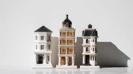 Three exquisite miniature building models highlight the beauty of architectural diversity, showcasing intricate details on a sleek white surface with soft shadows.の素材