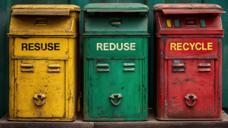 Three vibrant bins labeled for reuse, reduce, and recycle stand in an urban setting, emphasizing the importance of responsible waste management and environmental awareness.の素材