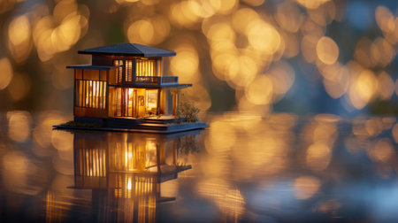A stunning miniature house model illuminated with warm lights showcases beautiful reflections on a water surface, complemented by a soft bokeh background in cozy evening tones.の素材
