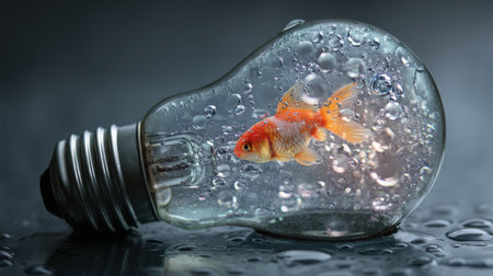 This artistic image features a goldfish swimming gracefully inside a light bulb, surrounded by bubbles and water droplets, evoking a surreal and imaginative atmosphere.の素材