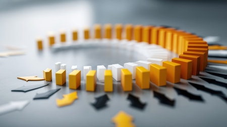 An artistic arrangement of colorful rectangular blocks arranged in a circular formation on a table surface, showcasing modern design and creative concepts.の素材