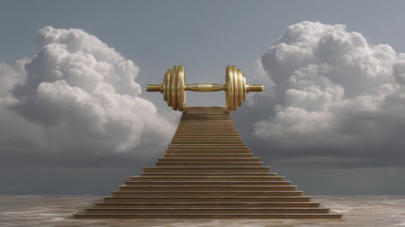 A striking image of a golden dumbbell on an ornate staircase, set against a backdrop of dramatic clouds. This visual encapsulates ambition, strength, and the relentless pursuit of fitness.の素材