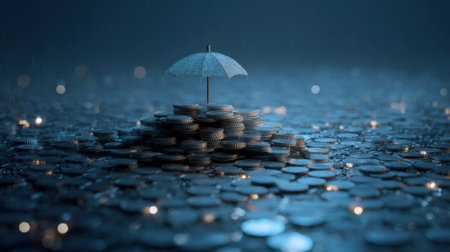 A visually compelling image illustrating an umbrella shielding a stack of coins, symbolizing financial security in a rainy environment, showcasing themes of wealth management.の素材