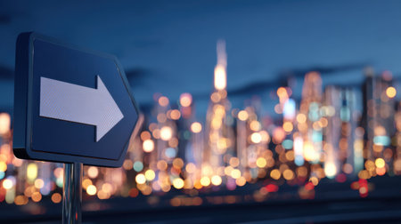 A striking urban image featuring a directional sign pointing right with a vibrant city skyline illuminated at night, creating an atmospheric and modern ambiance.の素材