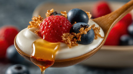 A close-up view of creamy yogurt topped with fresh berries and a drizzle of honey, captured in a wooden spoon, perfect for healthy breakfast or snack inspiration.の素材
