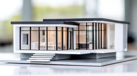 A detailed architectural model represents a contemporary house design with glass walls and open spaces in bright lighting, showcasing modern living aesthetics.の素材