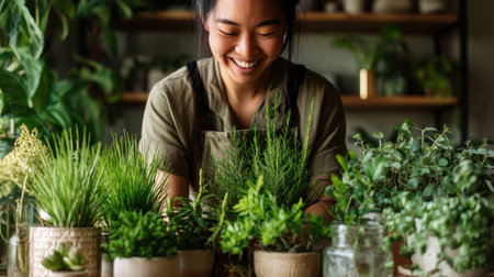 A joyful woman smiles while tending to her indoor plants, surrounded by vibrant pots and rich greenery, creating a peaceful and nurturing home garden atmosphere.の素材