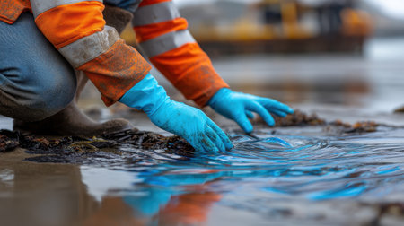A focused worker in an orange jacket and blue gloves cleans debris from the beach water, highlighting the importance of environmental protection and marine conservation.の素材