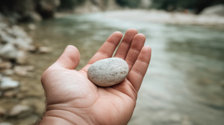 A serene moment captured with a hand gently holding a smooth river stone, evoking feelings of nature's tranquility amidst a picturesque water landscape.の素材