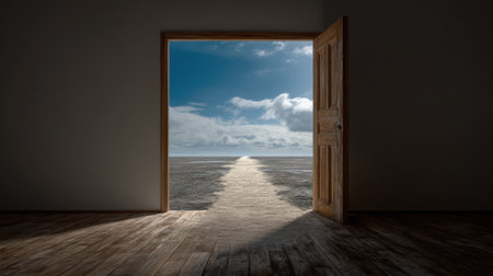 A wooden doorway stands open, revealing a breathtaking landscape filled with clouds and blue skies. This scene evokes feelings of adventure and exploring new possibilities.の素材