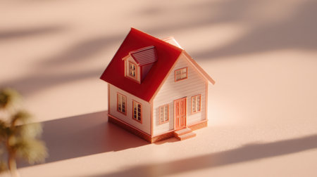 A charming model house with a striking red roof elegantly positioned on a smooth surface, illuminated by warm light, ideal for themes of home and design.の素材