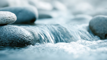 This serene image captures a tranquil stream flowing over smooth stones, blending soft blues and gentle ripples, evoking a sense of peace and natural beauty.の素材