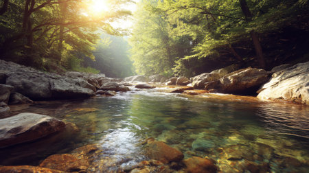 A serene river flows through a lush forest, illuminated by soft morning light. The clear water gently reflects the surrounding greenery, creating a tranquil atmosphere.の素材