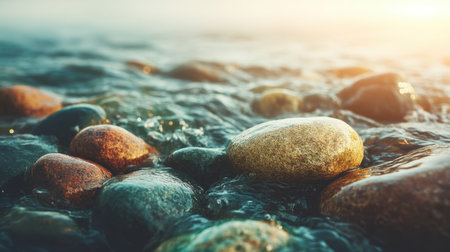 This image showcases a tranquil waterscape featuring colorful stones partially submerged in gentle waves at sunrise, highlighting the natural beauty and serene atmosphere.の素材