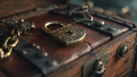 A detailed image showcasing a vintage treasure chest adorned with an ornate lock, on a leather surface, surrounded by jewels and artifacts, inviting intrigue and discovery.の素材