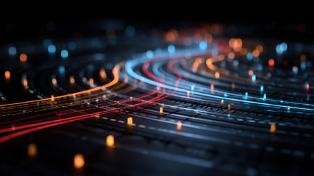 A mesmerizing abstract image featuring dynamic lines and bright glowing lights in blue, orange, and red, representing technology, data flow, and innovation in a dark setting.の素材