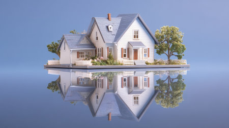 This captivating miniature model of a residential house showcases elegant architecture surrounded by lush greenery, providing a tranquil atmosphere reflected in the calm water.の素材