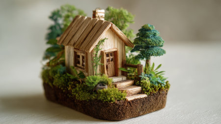 Capture the whimsical essence of a charming miniature wooden house surrounded by lush greenery, perfect for nature lovers and decorative themes in any setting.の素材