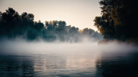 A breathtaking view of a misty river at dawn featuring soft fog rising from the water. This serene landscape captures tranquility and natural beauty, inviting relaxation.の素材