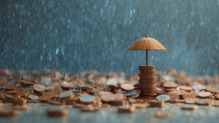A small umbrella stands atop a stack of coins, symbolizing financial protection during difficult times, while rain pours down, emphasizing resilience and growth.の素材