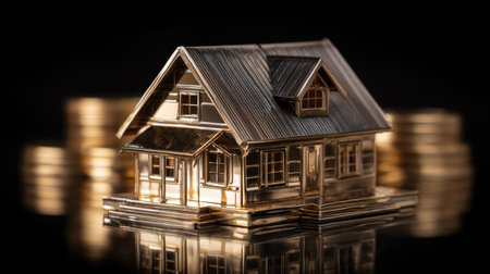 A stunning golden model of a house gleams atop shiny coins, representing the interplay of real estate investment and personal wealth in a sleek, modern setting.の素材
