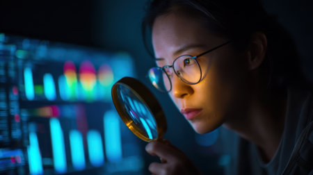 A woman closely examines a colorful data visualization using a magnifying glass. The dark room enhances her concentration and insight into the digital analysis.の素材