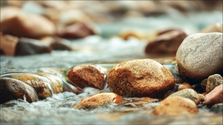 A serene image showcasing smooth stones beneath flowing river water, capturing the beauty of nature in a tranquil setting. Ideal for themes of peace and relaxation.の素材